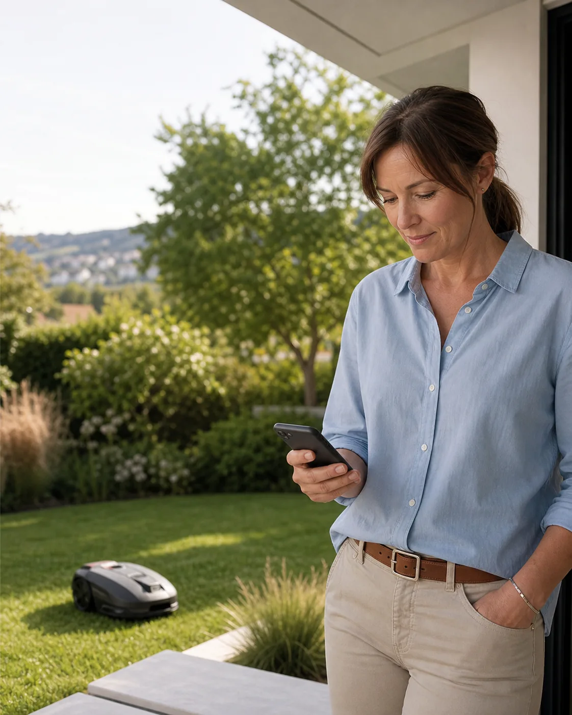 Gartenbesitzerin steuert einen Mähroboter über eine Smartphone-App