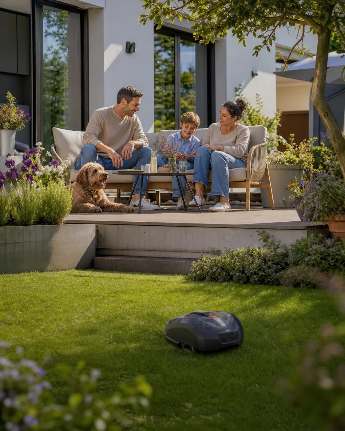 Familie mit Hund auf der Terrasse und Mähroboter im Garten
