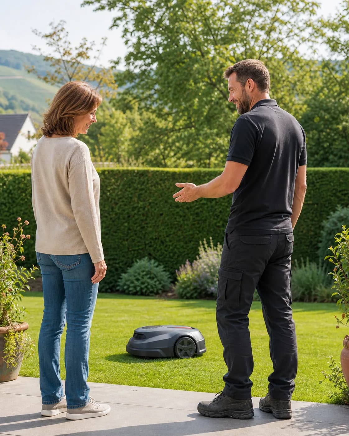 Fachkraft erklärt einer Gartenbesitzerin die Einrichtung