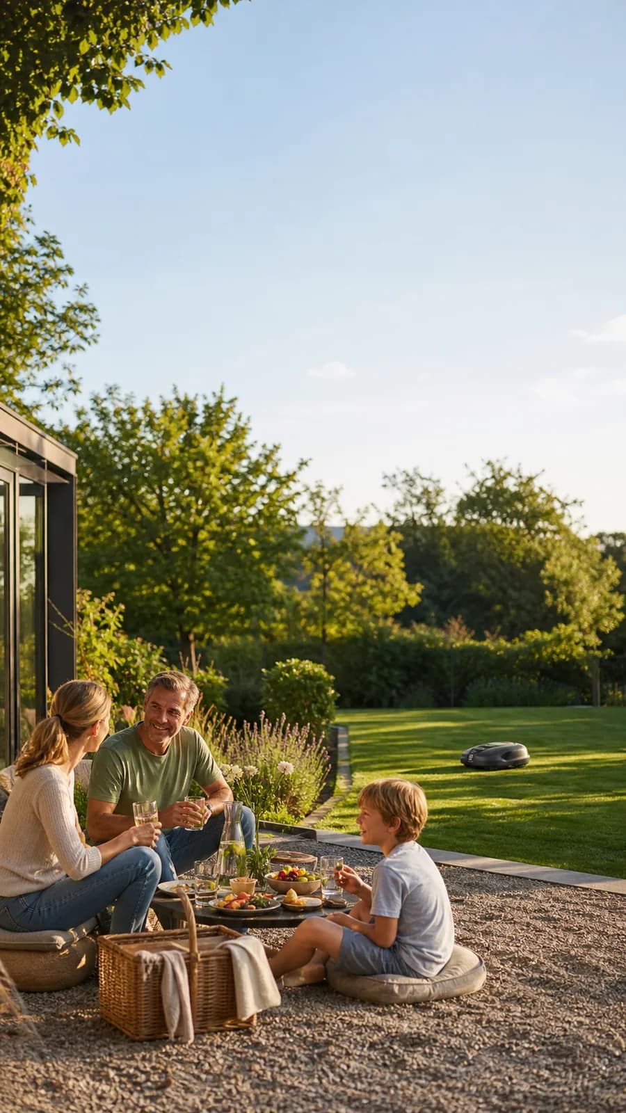 Familie verbringt Zeit im Garten neben einem Mähroboter